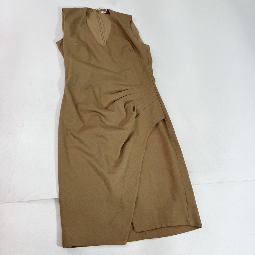 L'AGENCE Dress Womens 8 Camel Tan Sleeveless V-Neck Ruched Wrap Sheath Back Zip